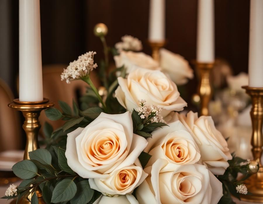 Close-up of ivory roses and gold candlesticks styled on a banquet table