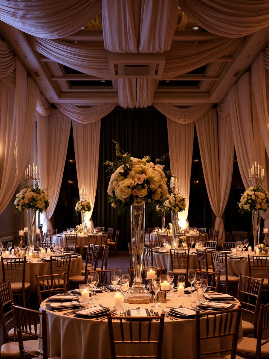Elegant decorated reception hall with ivory drapes and tall floral centrepieces