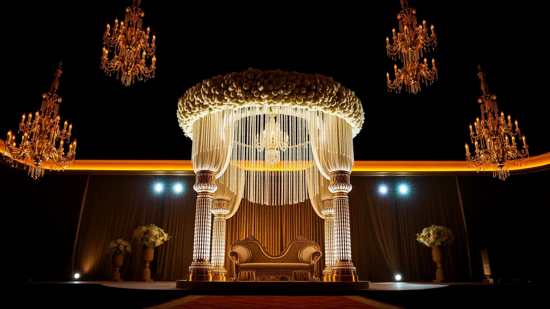 Luxury Indian wedding mandap at night lit with warm golden uplighting