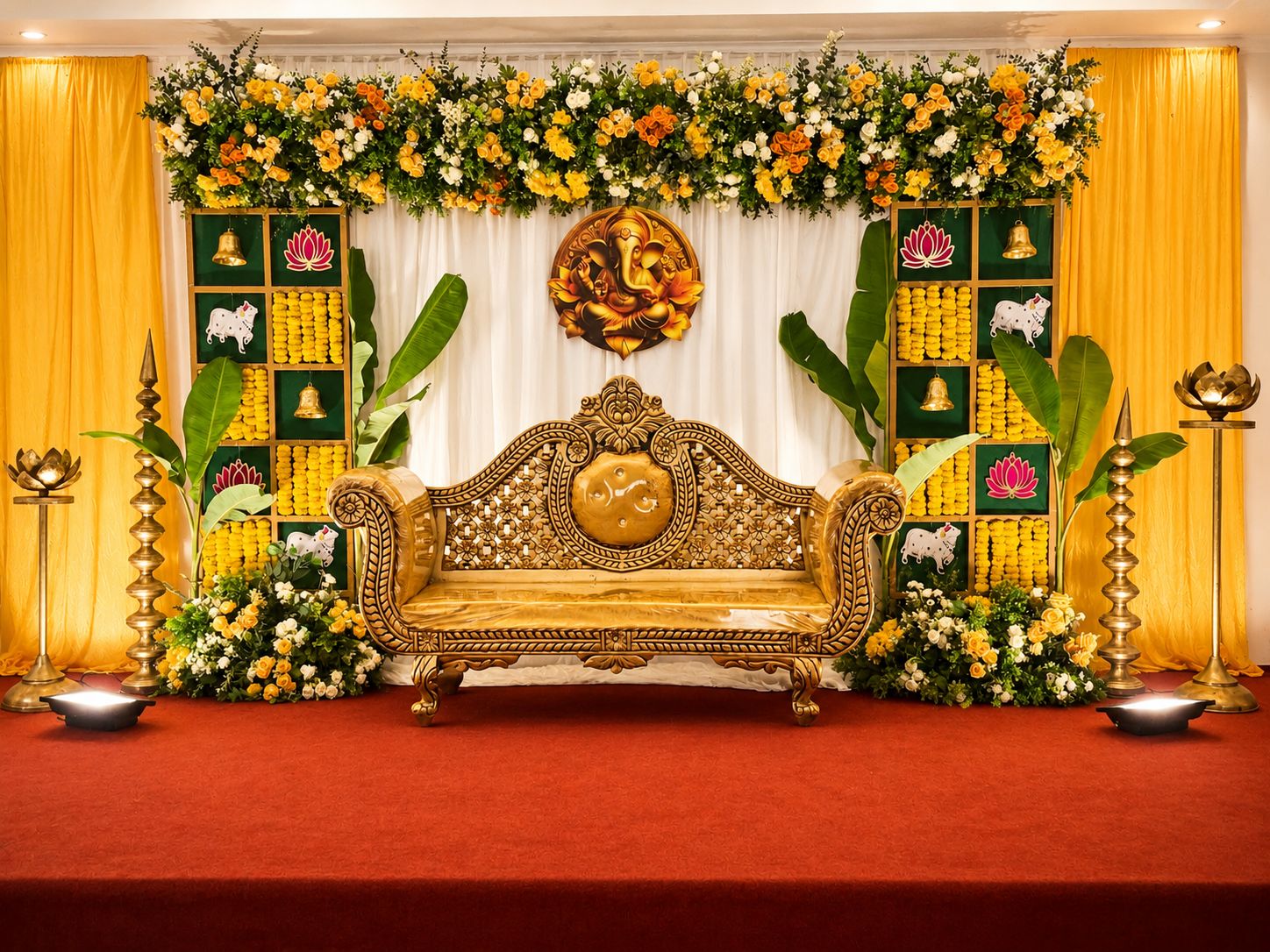 Marigold Ganesha Stage — A gilded settee framed by marigold garlands and traditional pooja detailing.