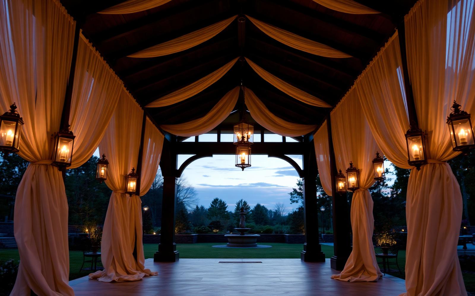 The Open Pavilion — Ivory drapes and hurricane lanterns for an open-air sangeet at dusk.