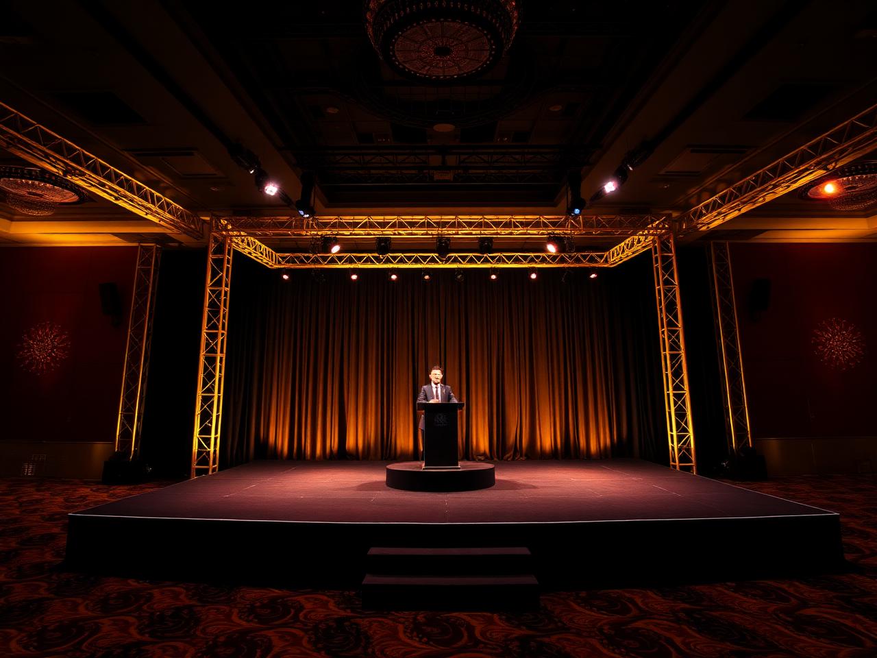 Annual Gala Stage — A gold-trussed keynote stage for a 900-guest corporate evening.